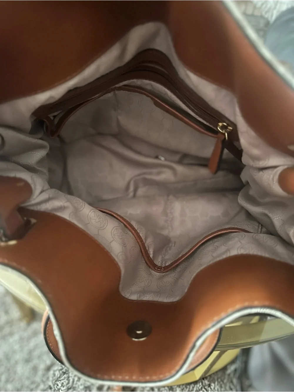 Michael Kors Hamilton Cream & Brown Logo Satchel with Gold Hardware